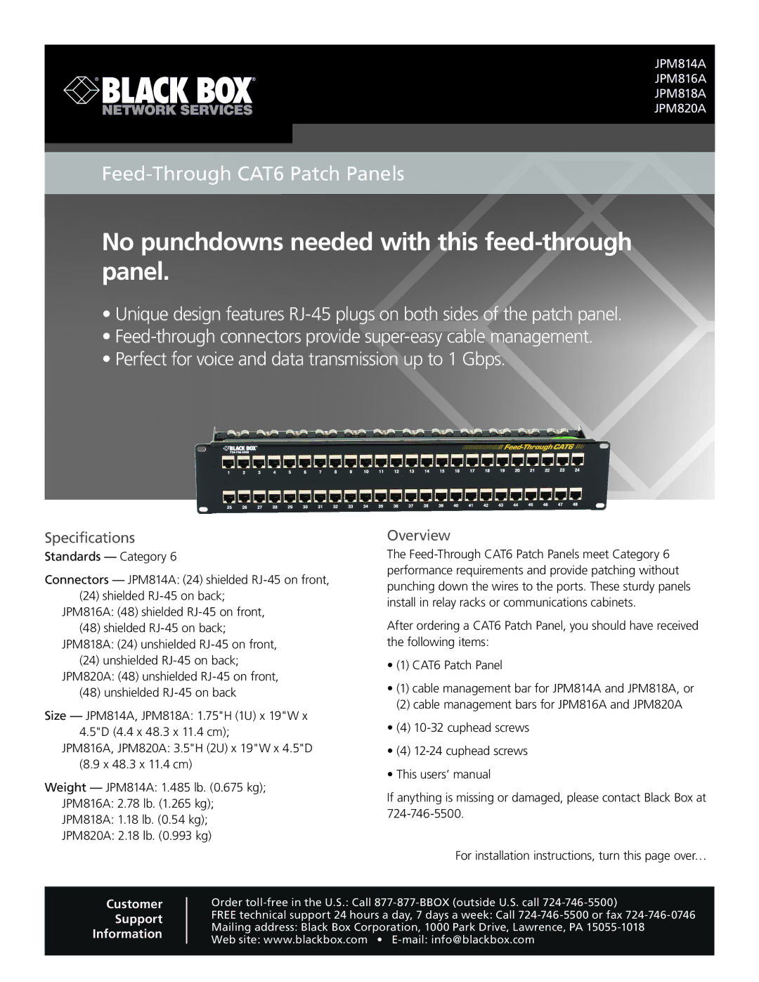 Black Box JPM814A, JPM816A specifications No punchdowns needed with this feed-through panel, Specifications, Overview 