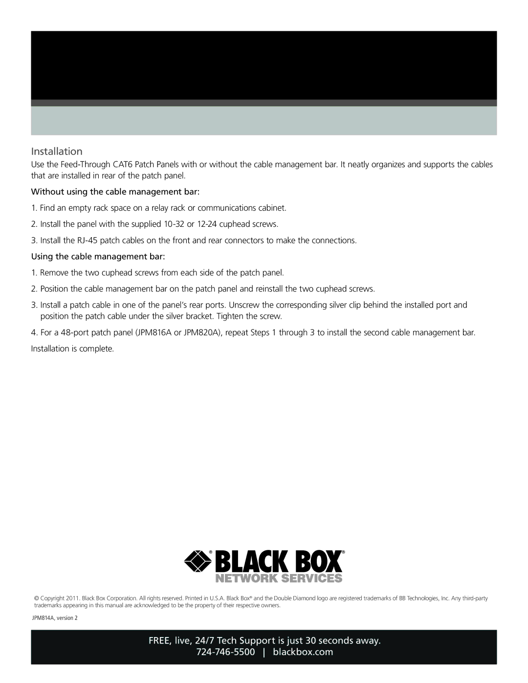 Black Box JPM820A, JPM816A, JPM814A, JPM818A, Black Box Network Services Feed-Through CAT6 Patch Panel Installation 