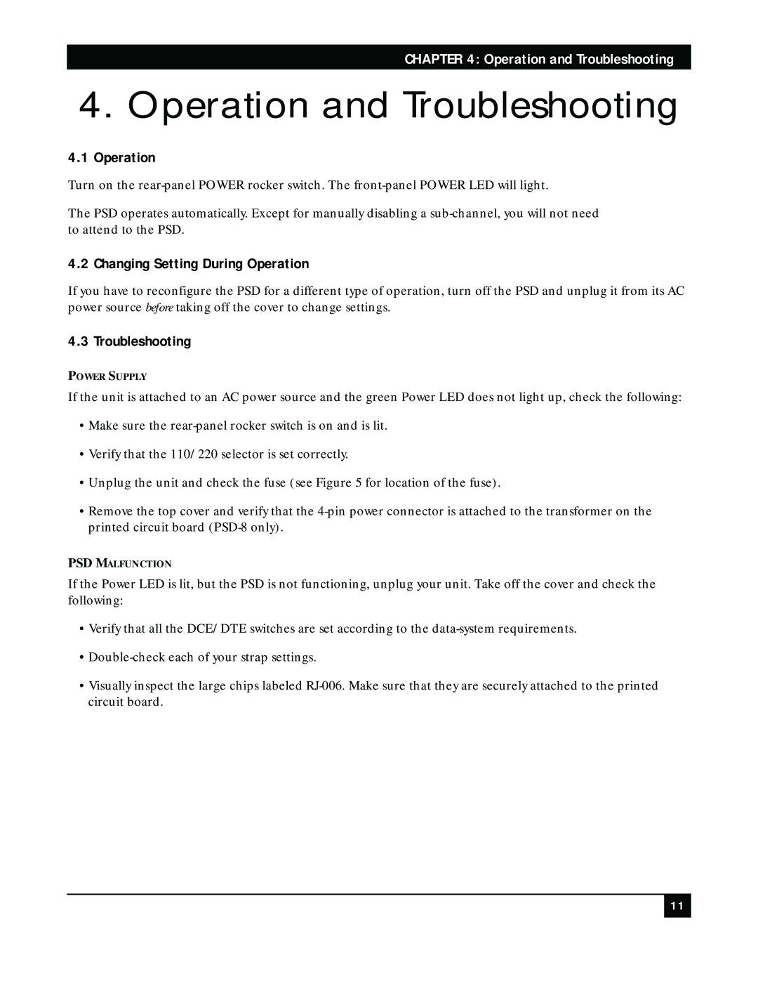 Black Box PSD-4, PSD-8, Black Box network services manual Operation and Troubleshooting, Changing Setting During Operation 