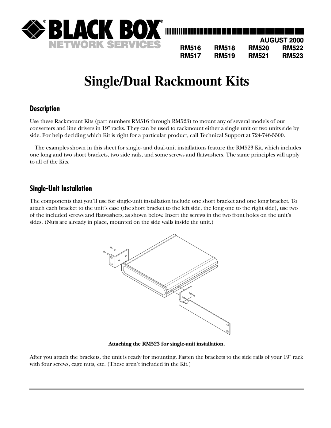 Black Box RM522, RM521 manual Description, Single-Unit Installation, Attaching the RM523 for single-unit installation 