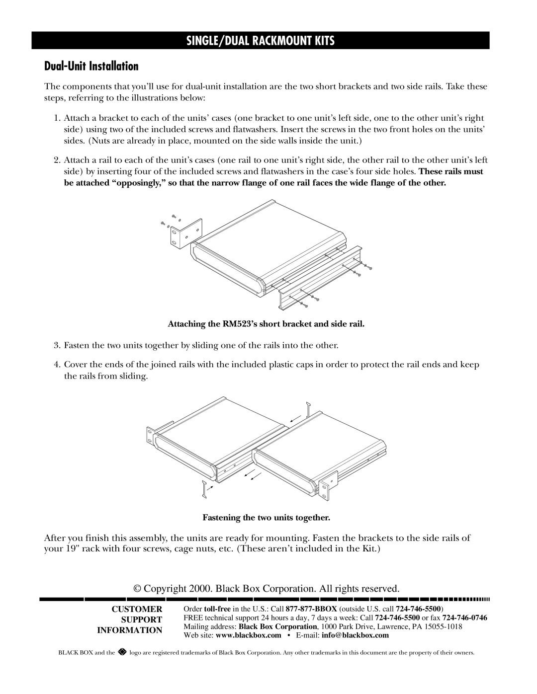 Black Box RM521 SINGLE/DUAL Rackmount Kits, Dual-Unit Installation, Attaching the RM523’s short bracket and side rail 