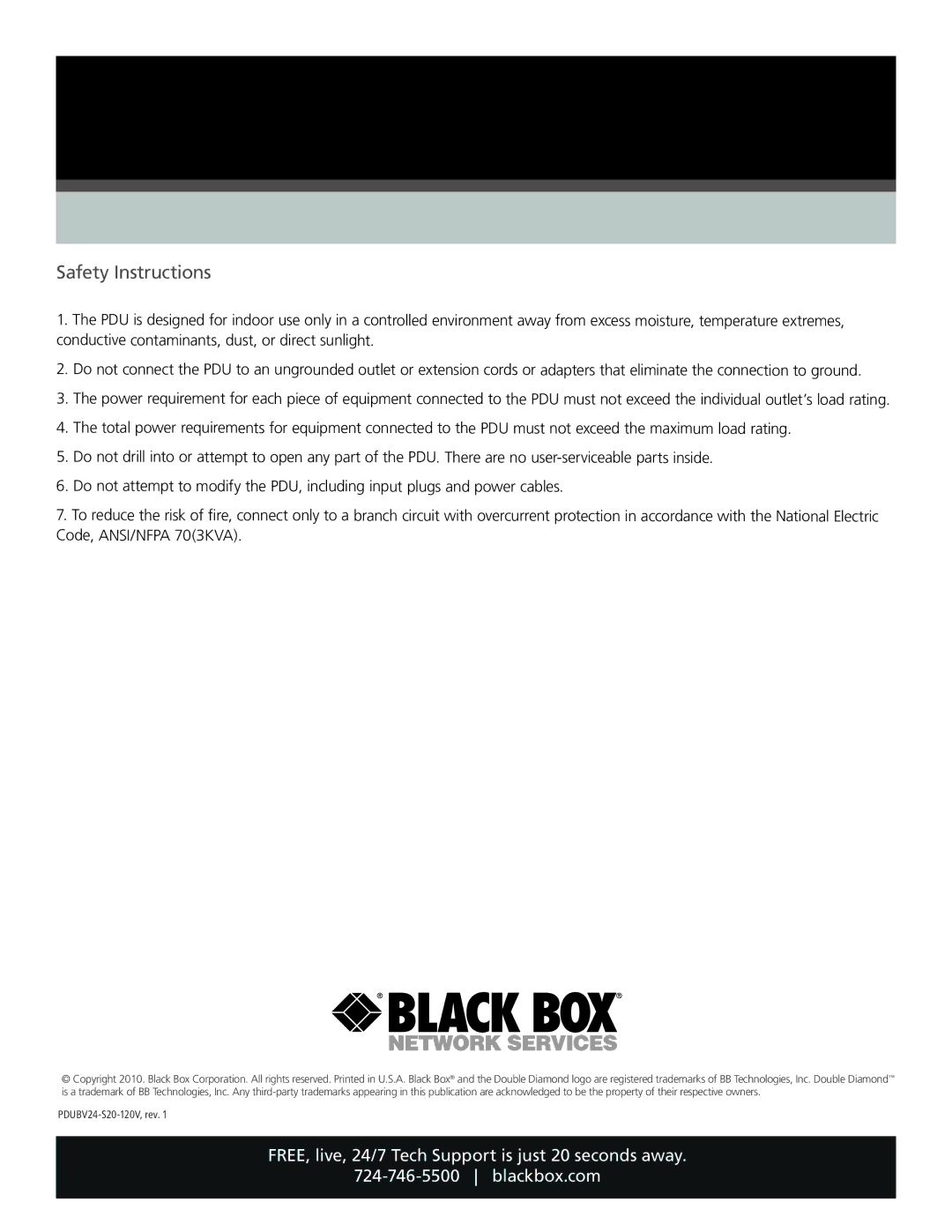 Black Box Black Box, PDUBV24-S20-120V specifications Safety Instructions 