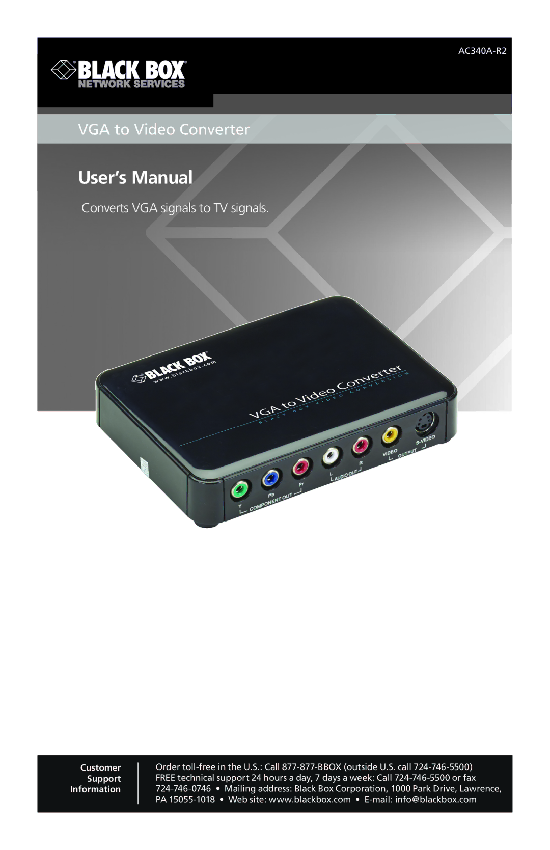 Black Box BLACK BOX VGA to Video Converter, AC340A-R2 user manual User’s Manual 