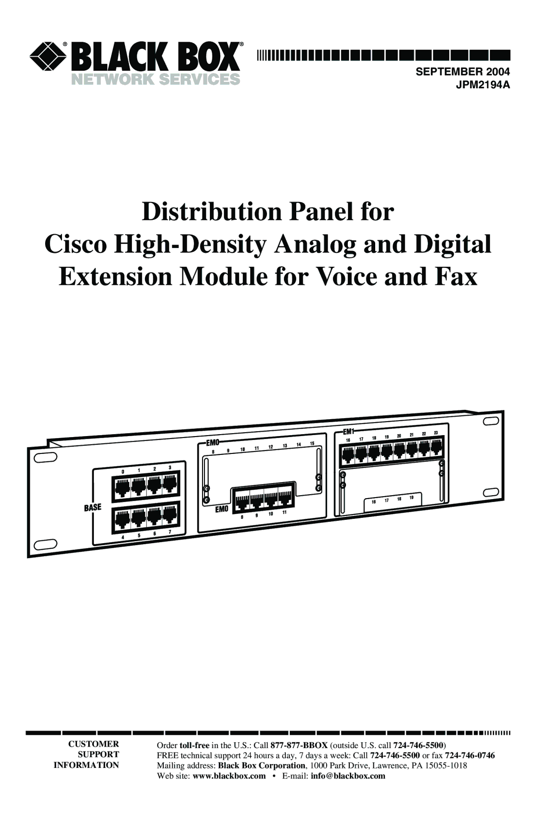 Black Box VNMSC0M1A, BLACK BOXNETWORK SERVICES manual Distribution Panel for 