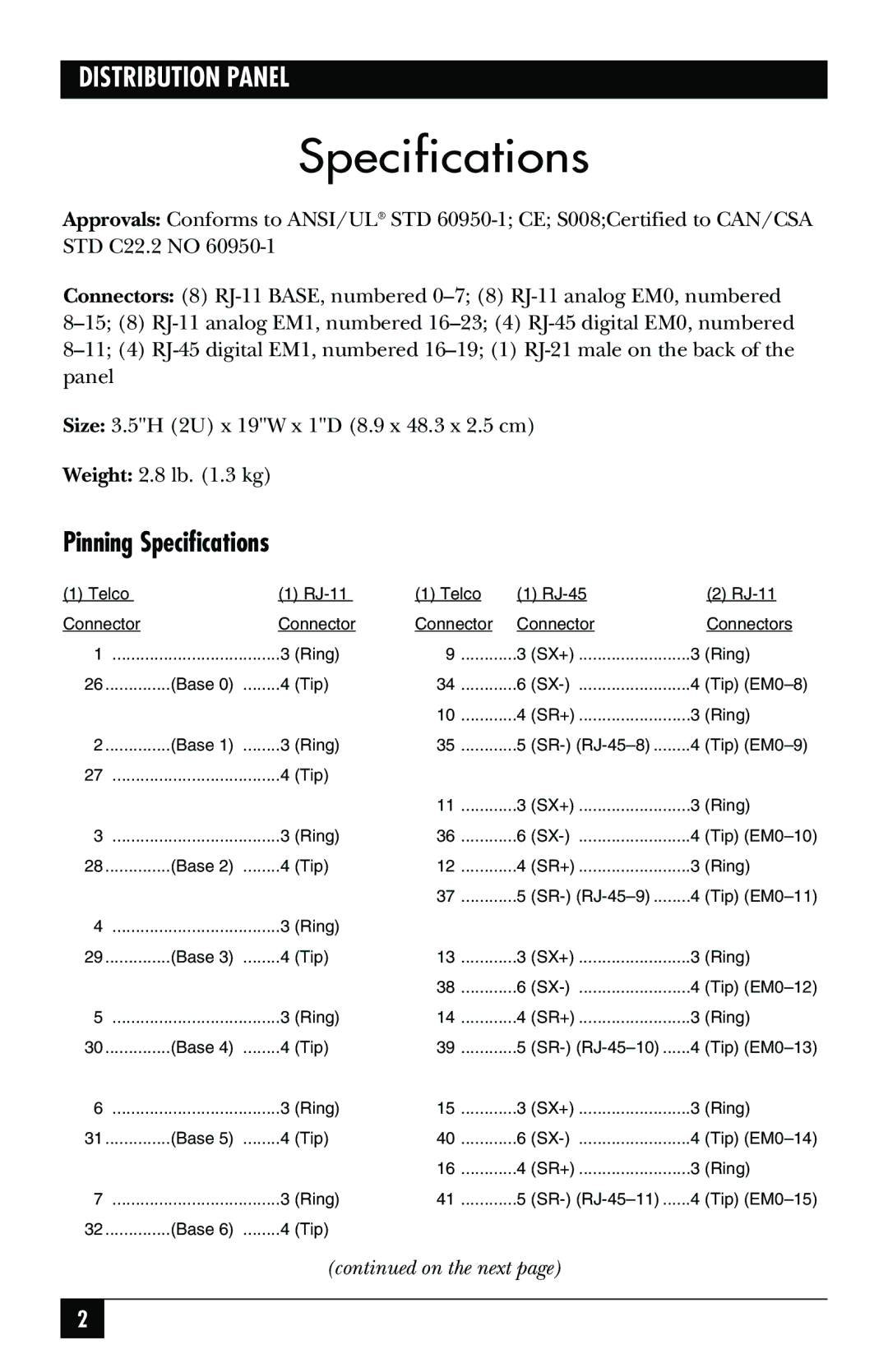 Black Box BLACK BOXNETWORK SERVICES, VNMSC0M1A manual Pinning Specifications 