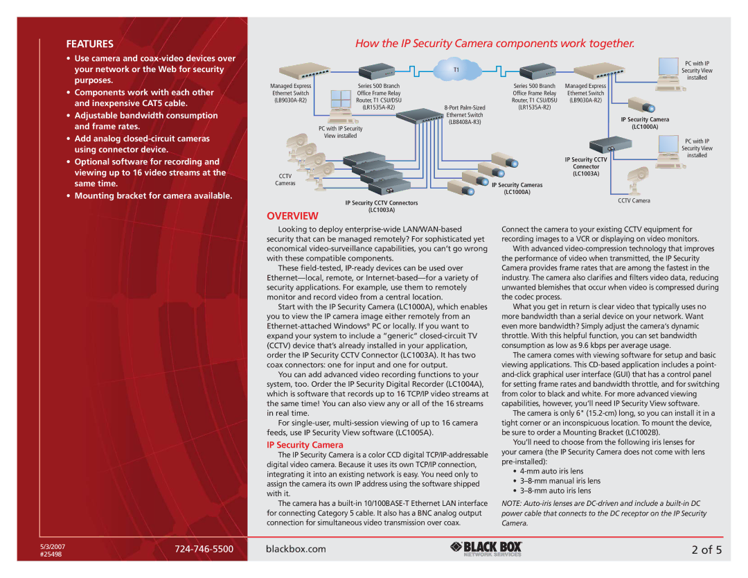 Black Box Blackbox IP Security Camera and Accessories manual Features 