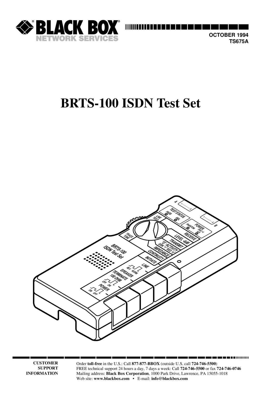 Black Box manual BRTS-100 Isdn Test Set 