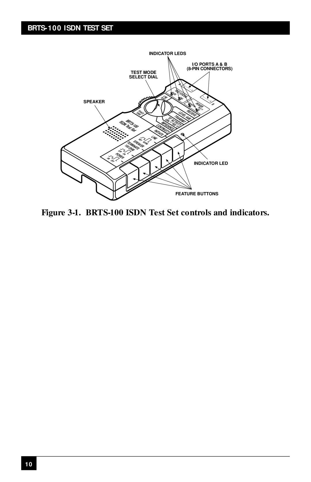 Black Box manual BRTS-100 Isdn Test Set controls and indicators 