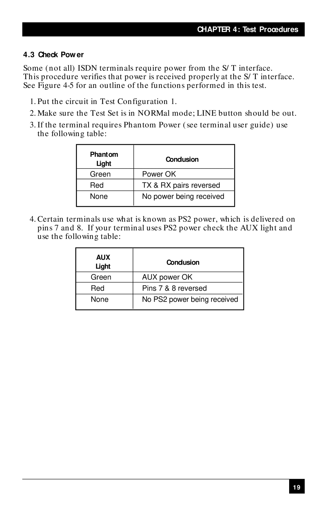 Black Box BRTS-100 manual Check Power, Phantom Conclusion Light 