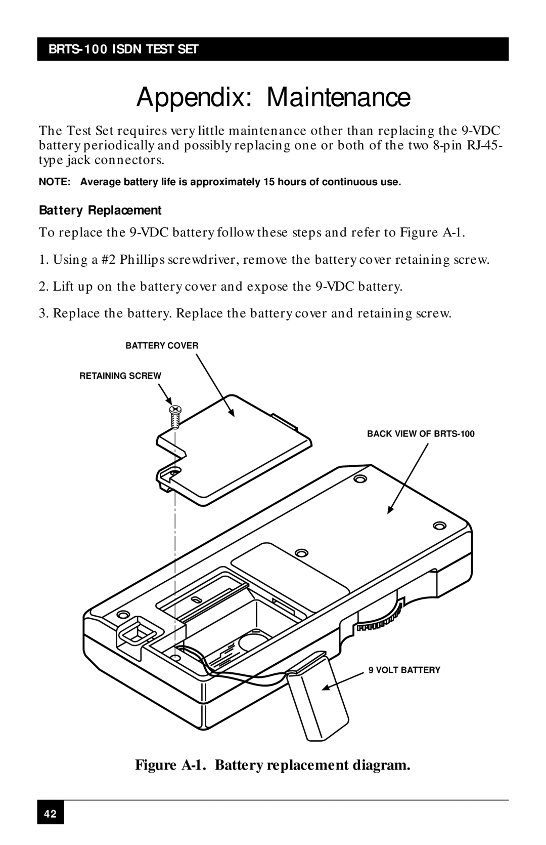 Black Box BRTS-100 manual Appendix Maintenance, Battery Replacement 