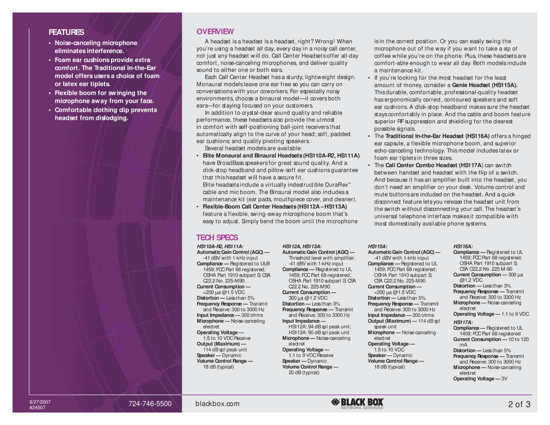 Black Box Call Center Headsets manual Overview, Tech Specs, HS110A-R2, HS111A HS112A, HS113A HS115A, HS116A, HS117A 
