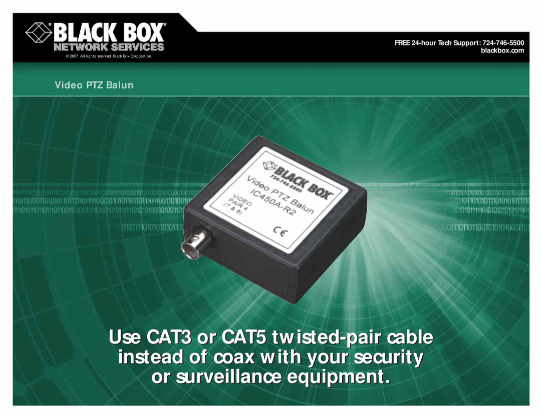 Black Box CAT5, CAT3 manual Video PTZ Balun, All rights reserved. Black Box Corporation 
