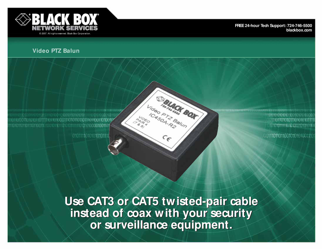 Black Box CAT5, CAT3 manual Video PTZ Balun 