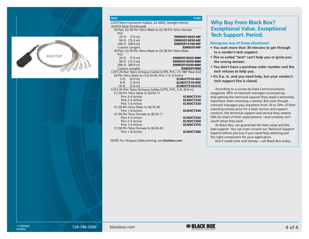 Black Box CAT3 manual EMN50T-MF, EMN50T-MM, ELNOCT310, ELNOCT320, ELNOCT330, ELNOCT340, ELNOCT350, ELNOCT360, ELNOCT370 