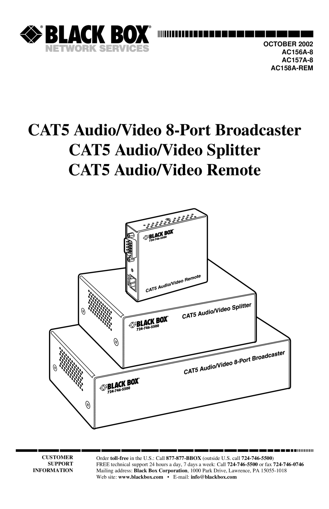 Black Box CAT5 Audio/Video 8-Port Broadcaster, AC156A-8 manual October 