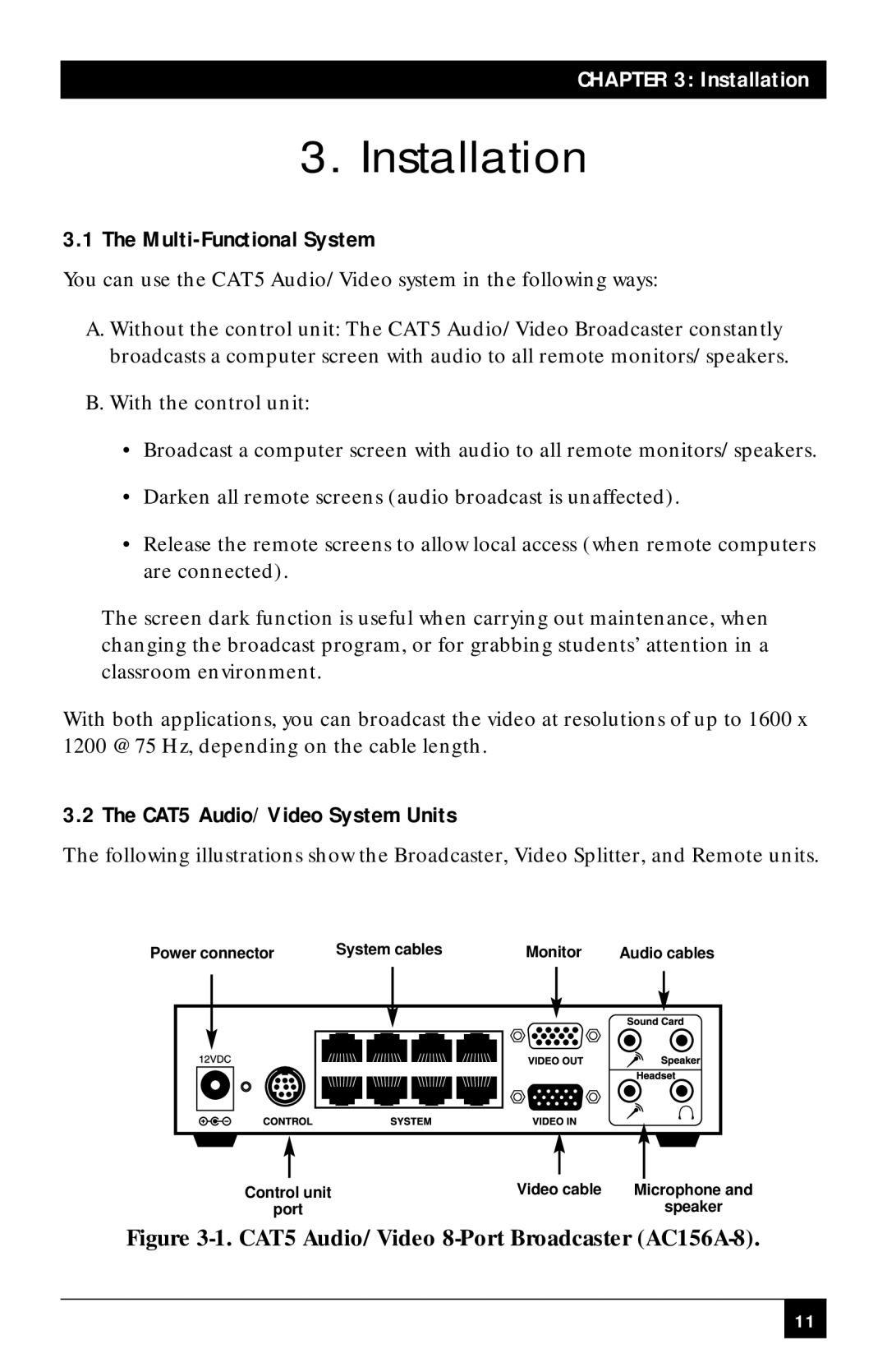 Black Box AC156A-8 manual Installation, Multi-Functional System, CAT5 Audio/Video System Units 