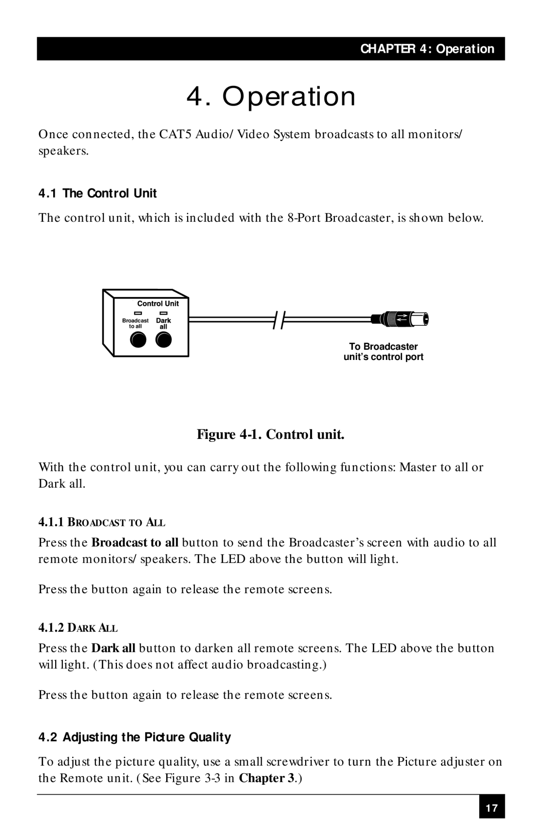 Black Box AC156A-8, CAT5 Audio/Video 8-Port Broadcaster manual Operation, Control Unit, Adjusting the Picture Quality 