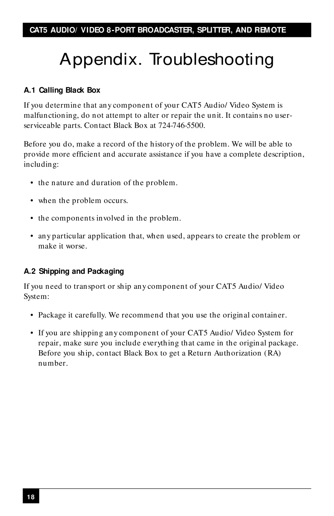 Black Box CAT5 Audio/Video 8-Port Broadcaster manual Appendix. Troubleshooting, Calling Black Box, Shipping and Packaging 