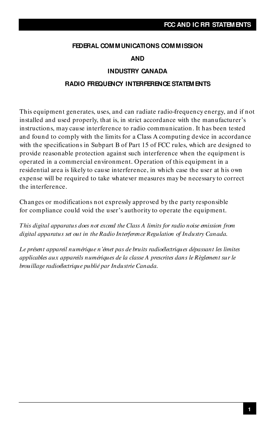 Black Box AC156A-8, CAT5 Audio/Video 8-Port Broadcaster manual FCC and IC RFI Statements 