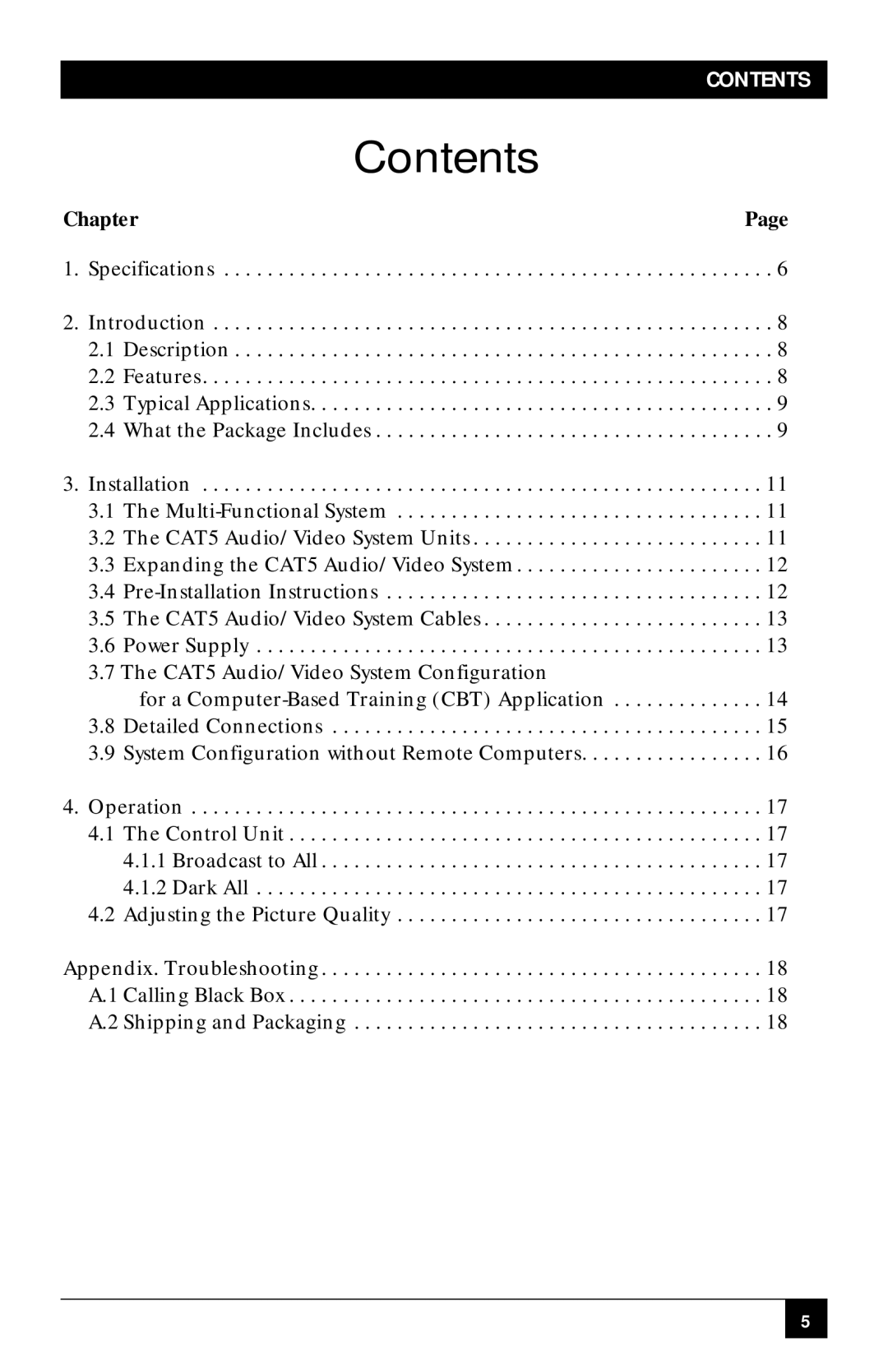 Black Box AC156A-8, CAT5 Audio/Video 8-Port Broadcaster manual Contents 