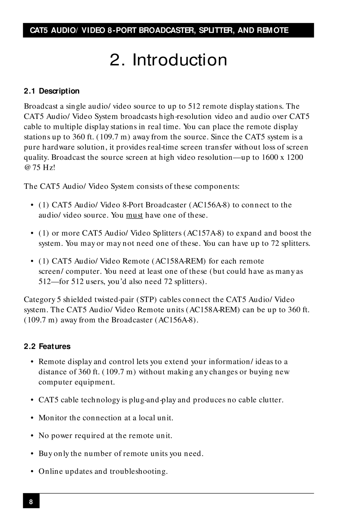 Black Box CAT5 Audio/Video 8-Port Broadcaster, AC156A-8 manual Introduction, Description, Features 