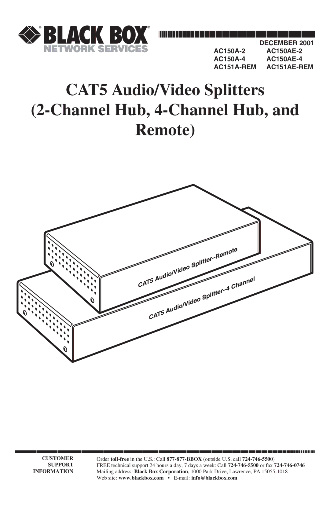 Black Box AC150AE-4, AC151AE-REM, AC151A-REM, AC150A-4, AC150A-2, AC150AE-2, Cat5 audio/video splitters manual December 