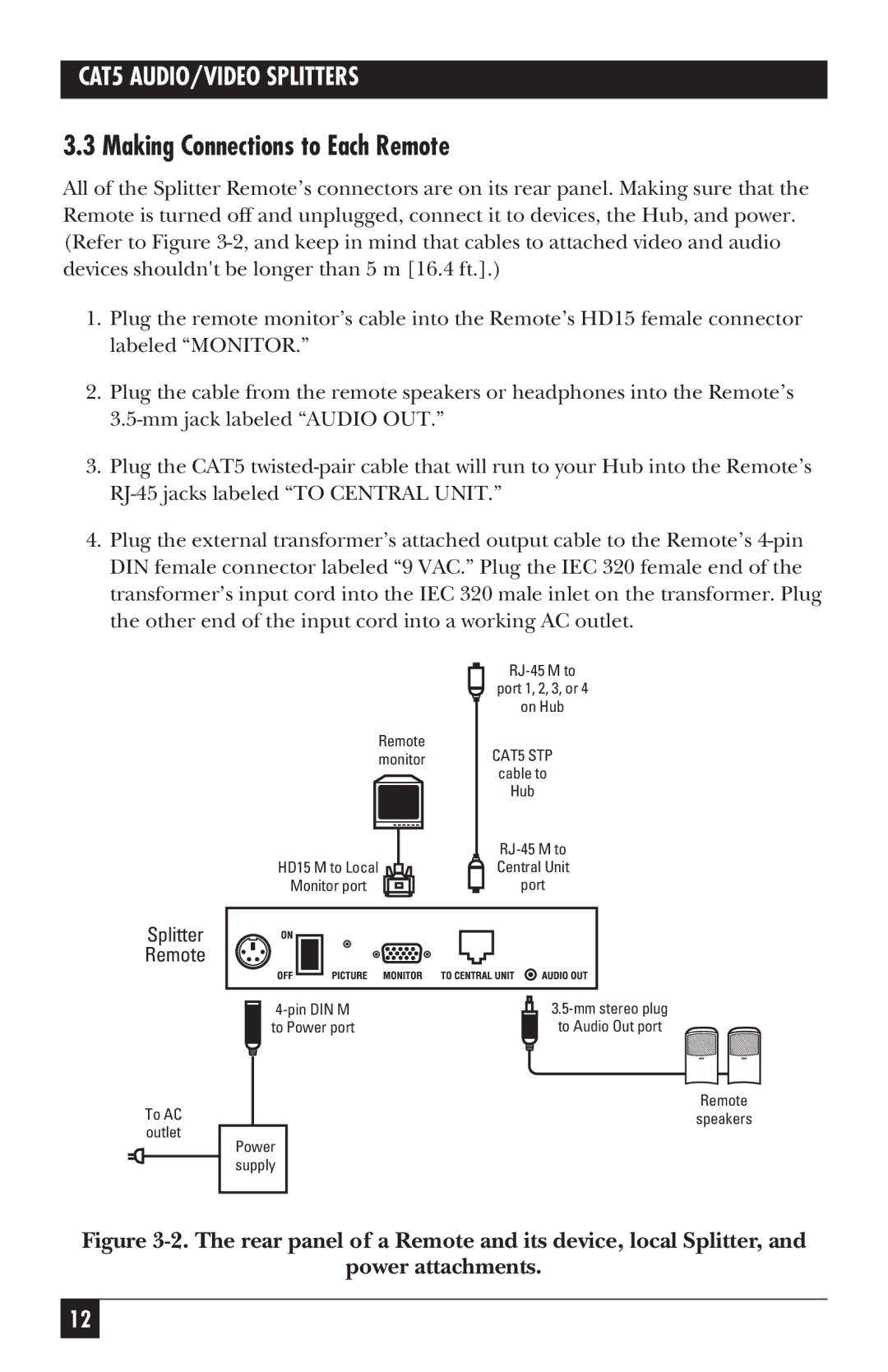 Black Box Cat5 audio/video splitters, AC151AE-REM, AC150AE-4, AC151A-REM manual Making Connections to Each Remote, CAT5 STP 