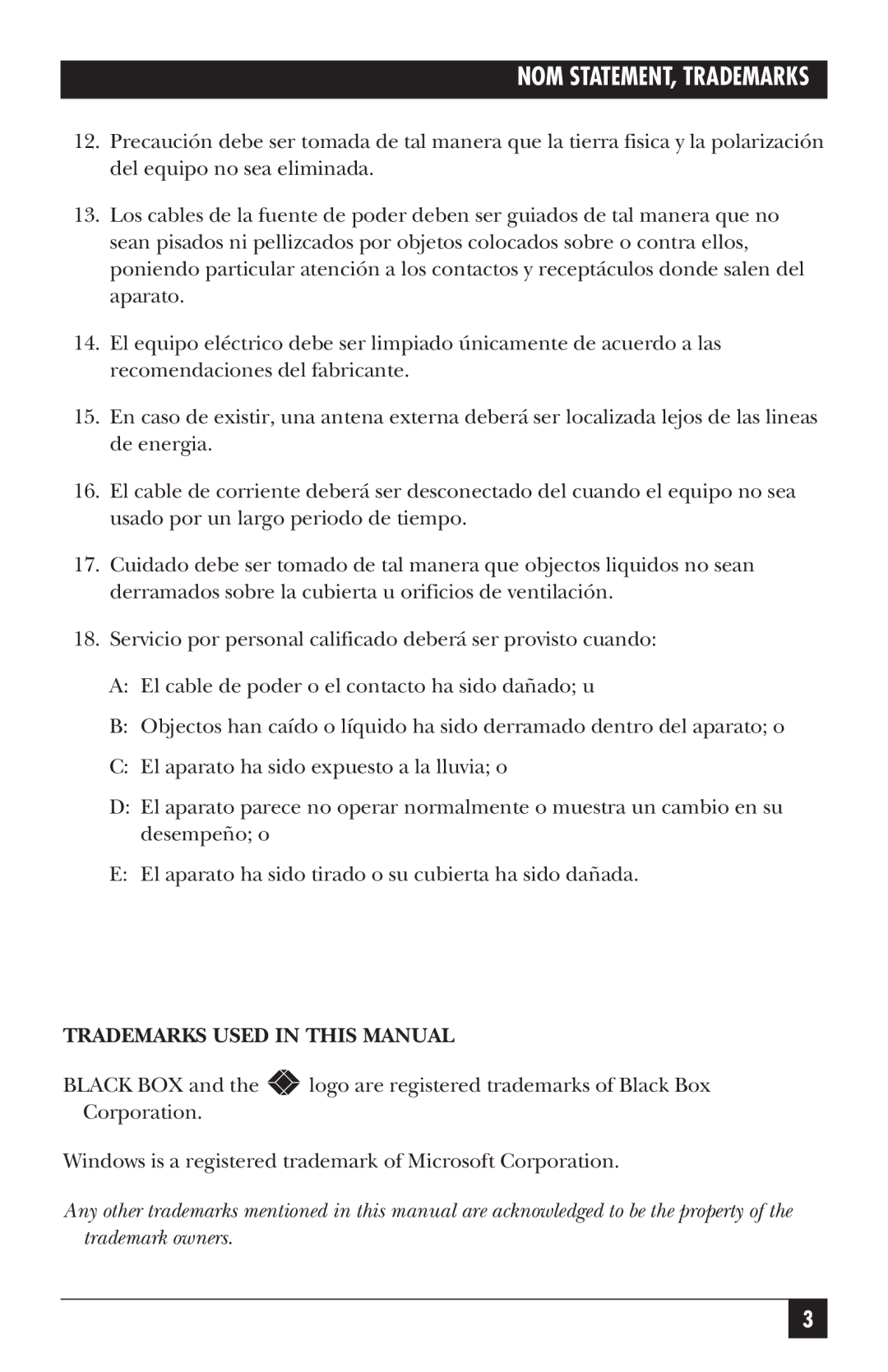 Black Box AC150A-2, AC151AE-REM, AC150AE-4, AC151A-REM, AC150A-4, AC150AE-2 manual NOM STATEMENT, Trademarks 