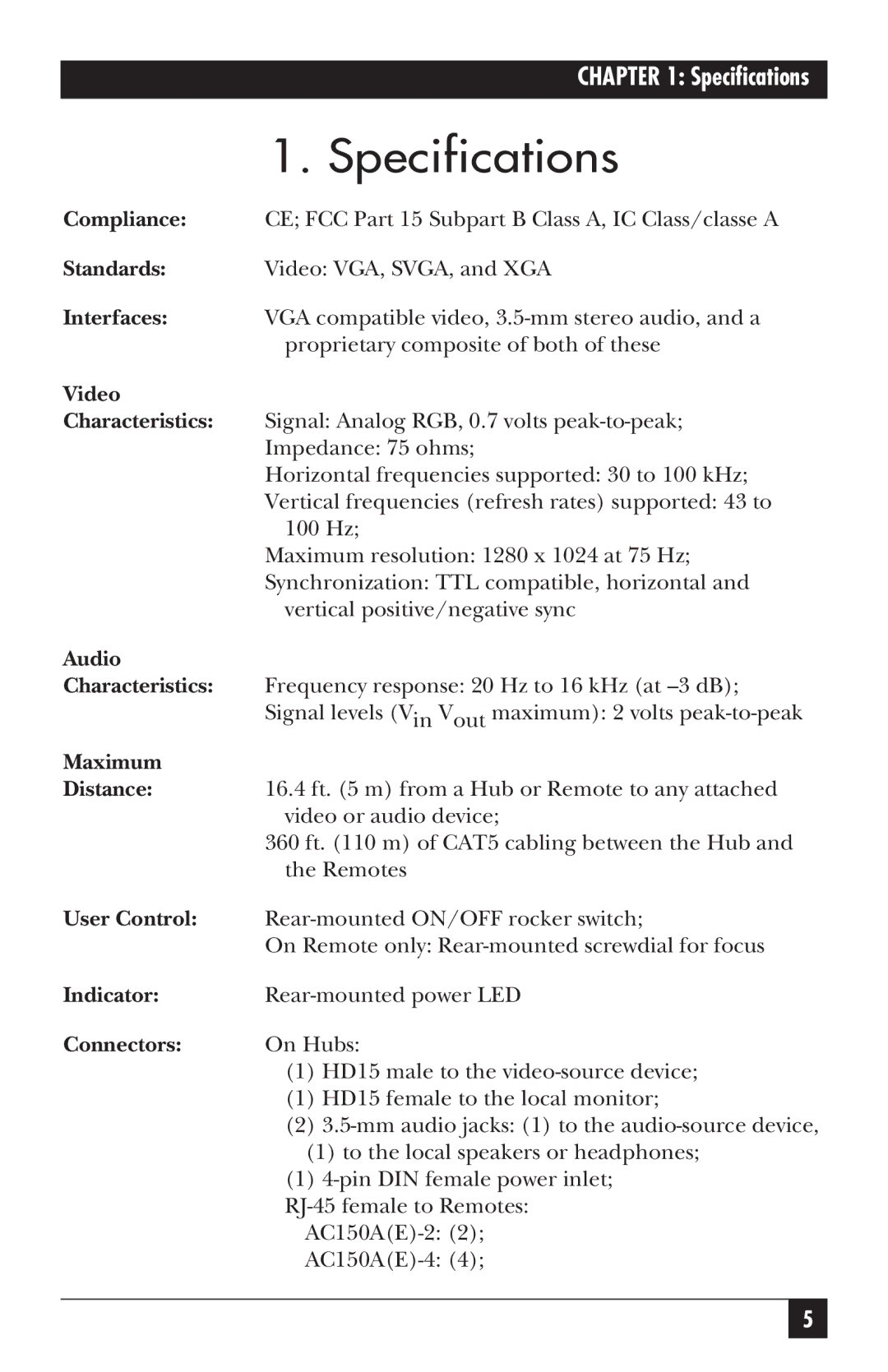 Black Box Cat5 audio/video splitters, AC151AE-REM, AC150AE-4, AC151A-REM, AC150A-4 manual Specifications, Video Characteristics 