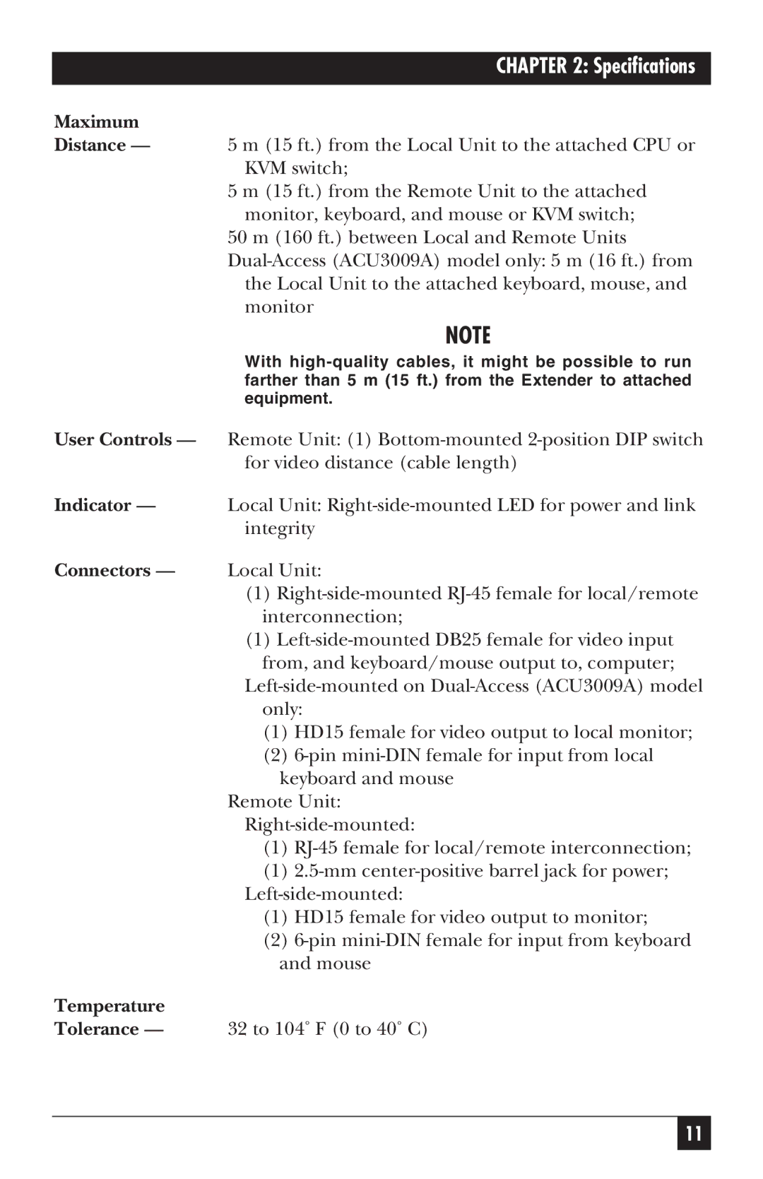 Black Box CAT5 KVM Micro Extender, ACU3009A, ACU3001A manual Specifications 