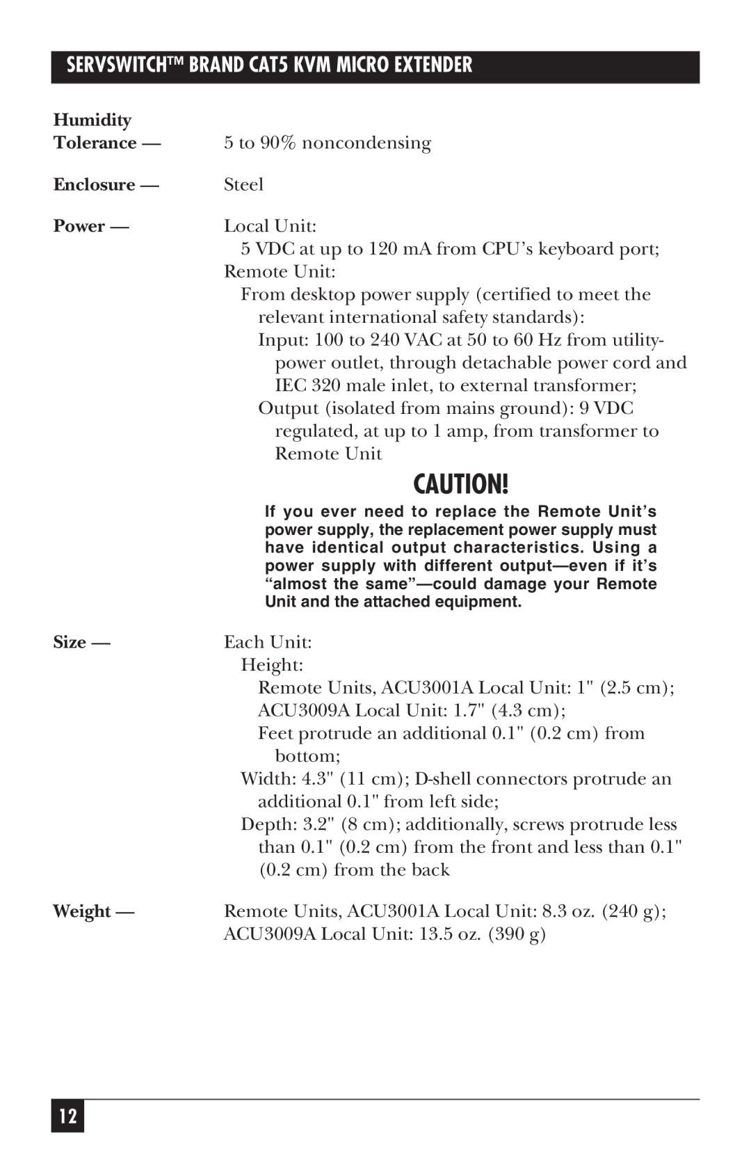 Black Box ACU3009A, CAT5 KVM Micro Extender, ACU3001A manual Humidity Tolerance 