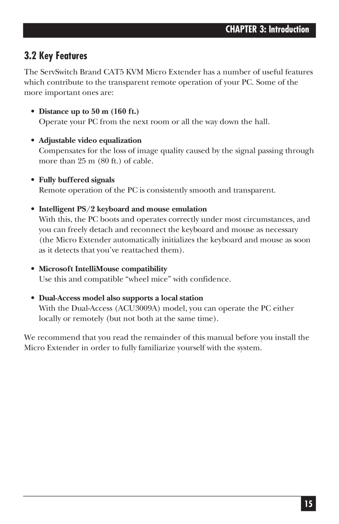 Black Box ACU3009A, CAT5 KVM Micro Extender, ACU3001A manual Key Features, Adjustable video equalization 