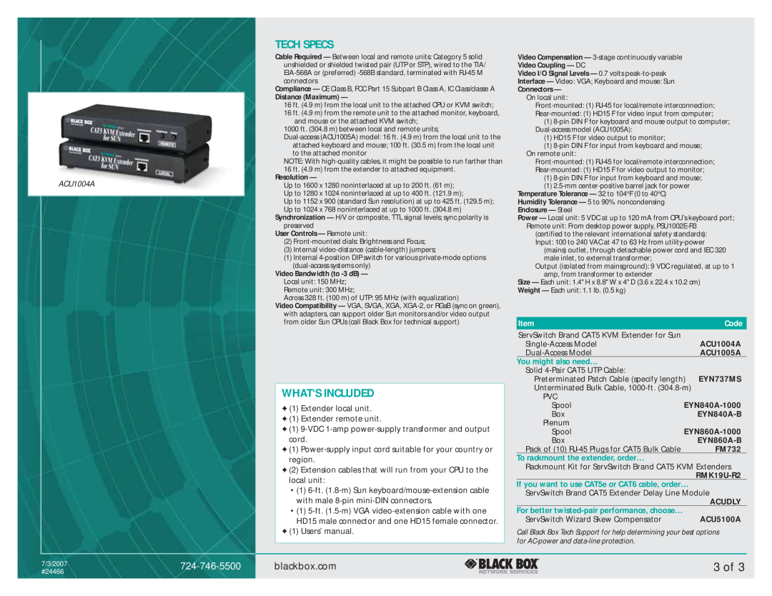 Black Box CAT5 KVM 3 of, Tech Specs, What‘S Included, blackbox.com, ACU1004A, Code, ACU1005A, You might also need…, FM732 