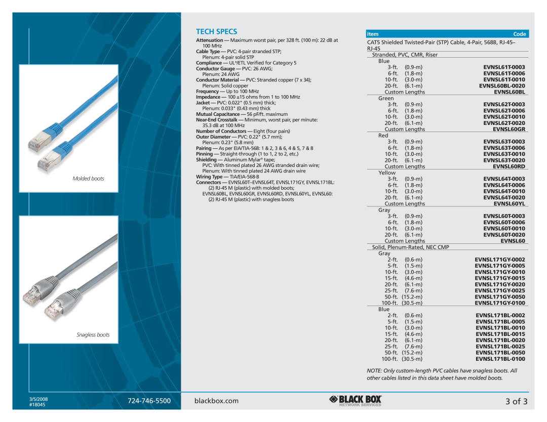 Black Box CAT5 Shielded Twisted Pair (STP) Patch Cable manual 3 of, Tech Specs, 724-746-5500, blackbox.com, Code 