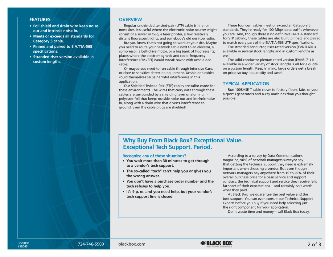 Black Box CAT5 Shielded Twisted Pair (STP) Patch Cable manual Overview, Typical Application 