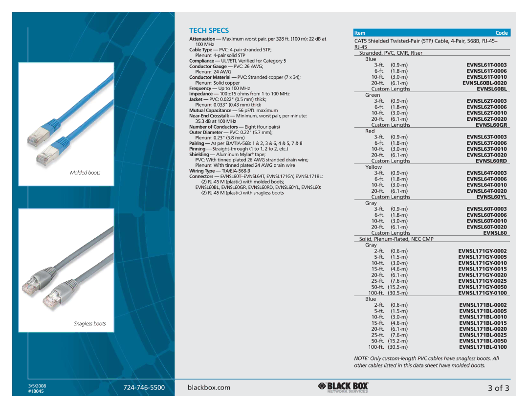 Black Box CAT5 Shielded Twisted Pair (STP) Patch Cable manual Tech Specs 