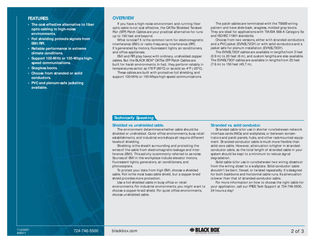 Black Box CAT5E manual Overview, Shielded vs. unshielded cable, Stranded vs. solid conductor 