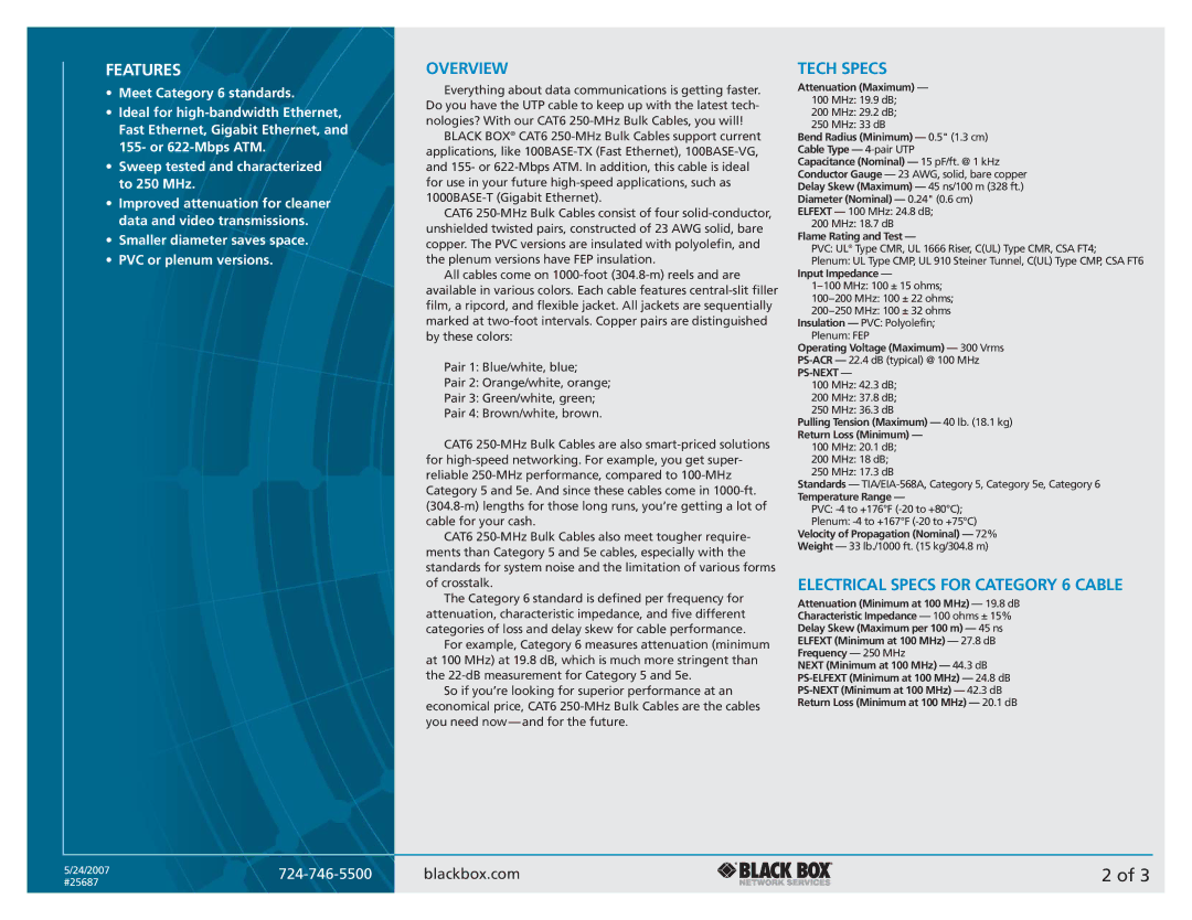 Black Box CAT6 manual Overview, Tech Specs, Electrical Specs for Category 6 Cable 
