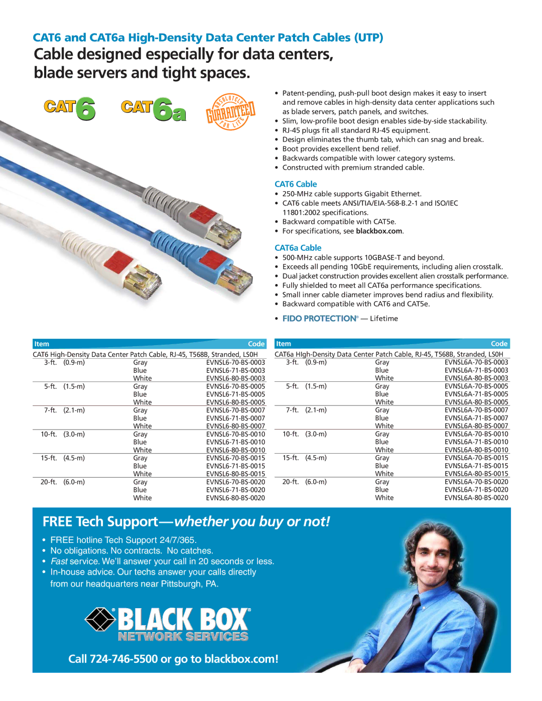Black Box manual Free Tech Support-whether you buy or not, CAT6 Cable, CAT6a Cable, Fido Protection Lifetime, Code 