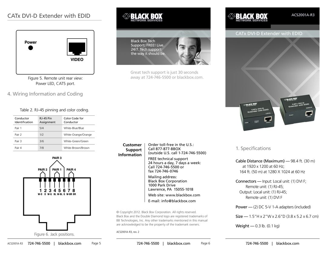 Black Box CATx DVI-D Extender with EDID specifications CATx DVI-DExtender with EDID, Wiring Information and Coding 