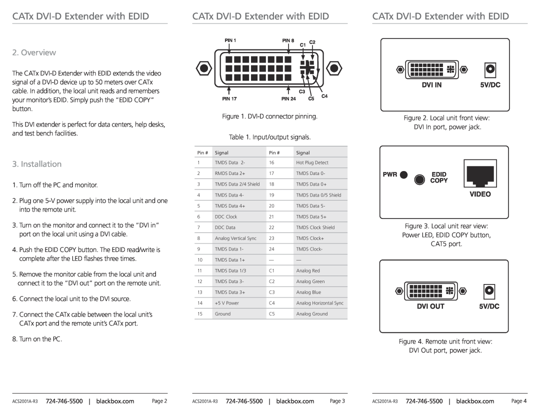 Black Box ACS20001A-R3, CATx DVI-D Extender with EDID specifications Overview, Installation, CATx DVI-DExtender with EDID 
