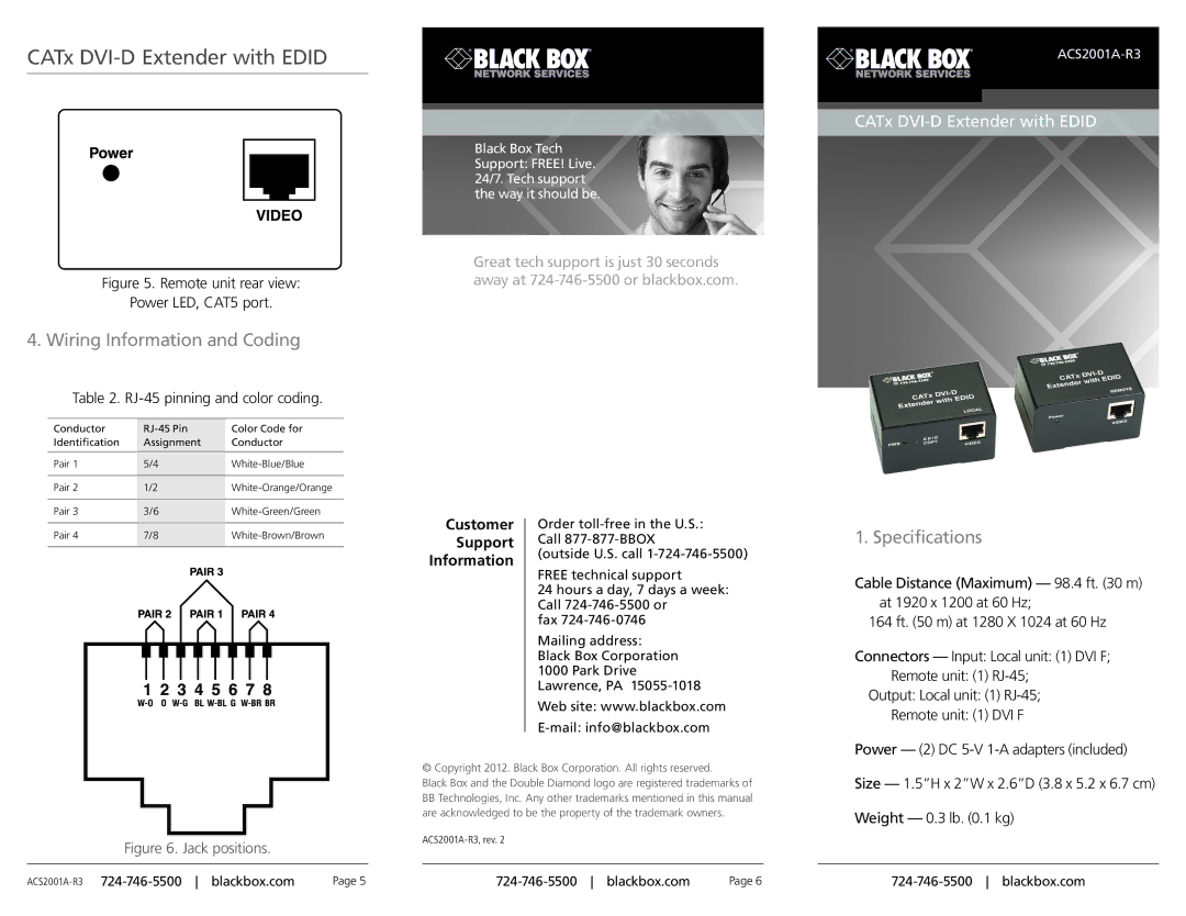 Black Box CATx DVI-D Extender with EDID, ACS20001A-R3 specifications Wiring Information and Coding, Specifications 