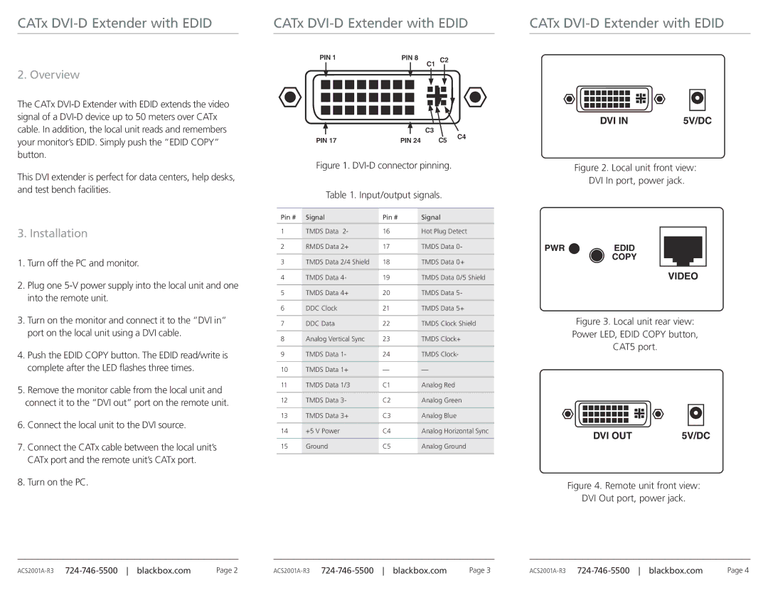 Black Box ACS20001A-R3 specifications Overview, Installation, Connect the local unit to the DVI source, Turn on the PC 