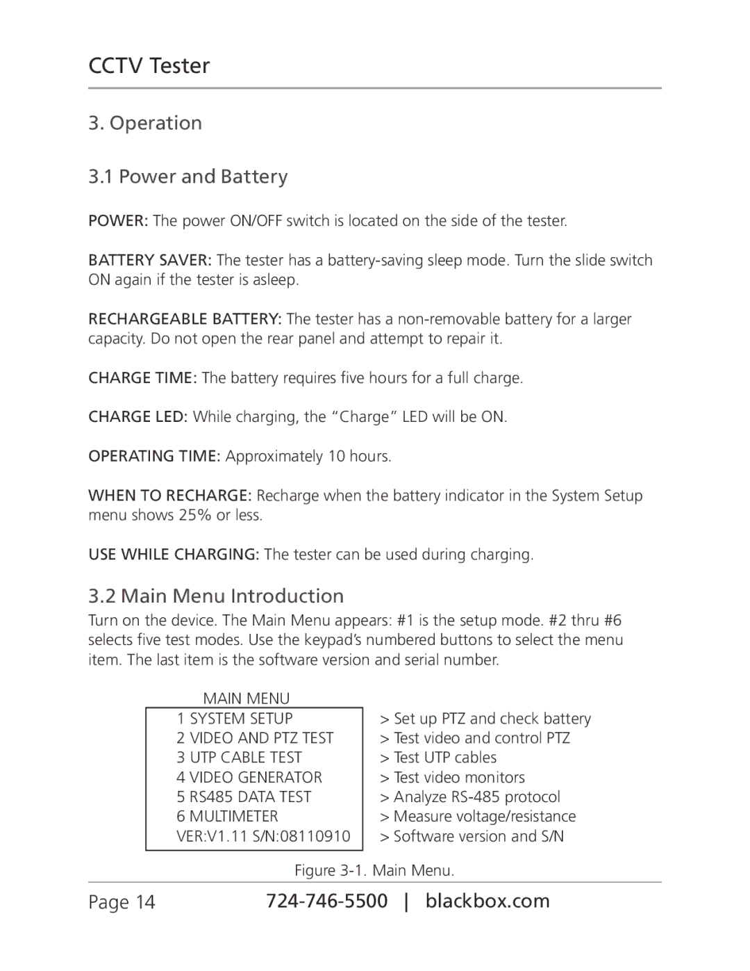 Black Box CCTVTEST, CCTV Tester manual Operation Power and Battery, Main Menu Introduction 