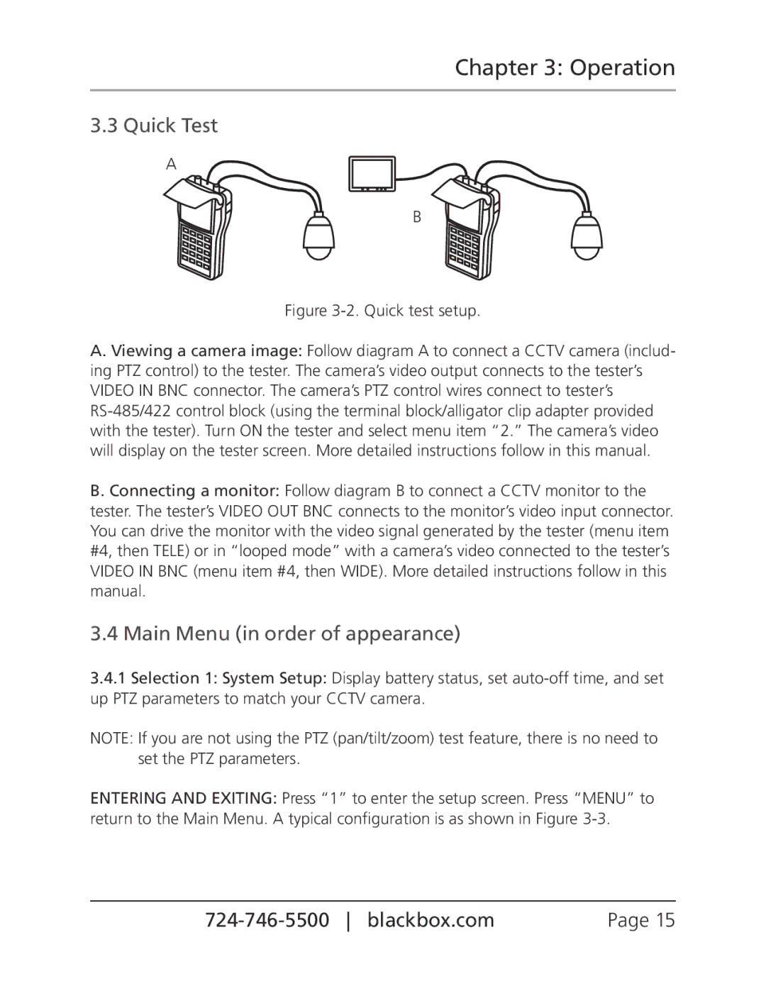 Black Box CCTV Tester, CCTVTEST manual Operation, Quick Test, Main Menu in order of appearance 