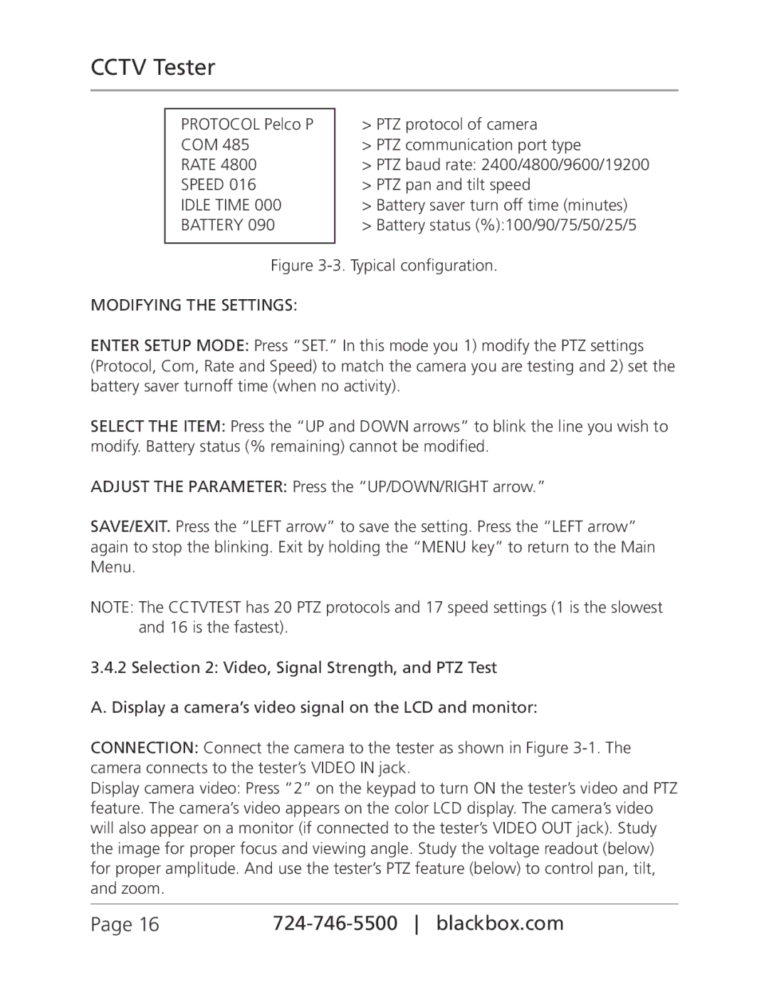 Black Box CCTVTEST, CCTV Tester manual Rate, Modifying the Settings 