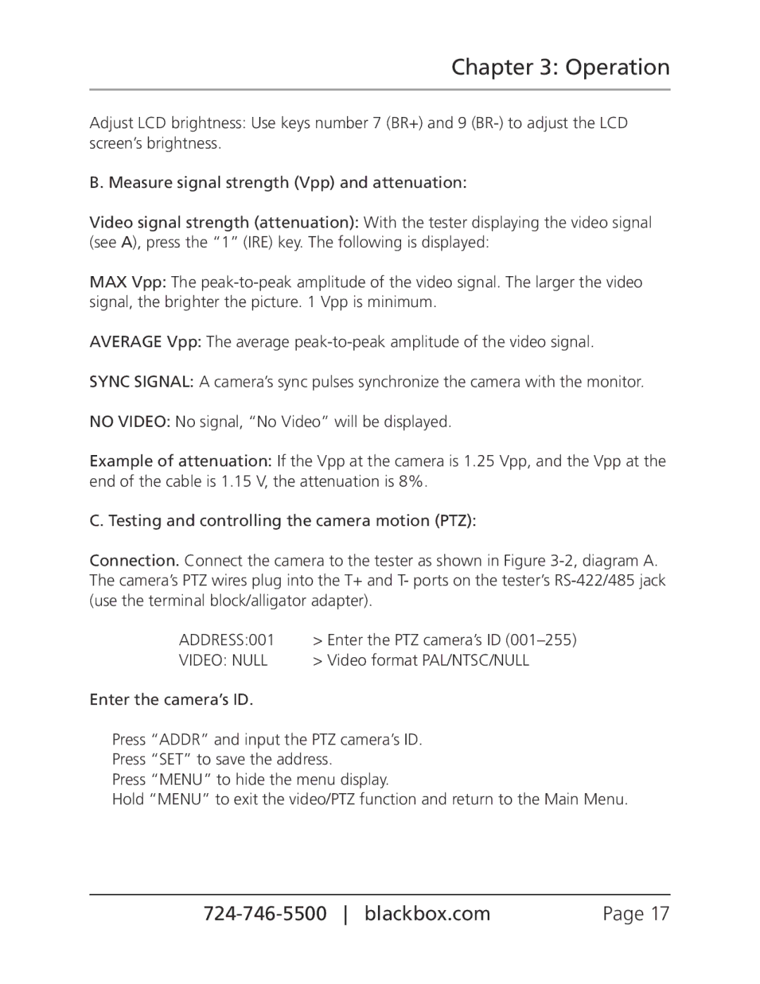 Black Box CCTV Tester, CCTVTEST manual ADDRESS001, Video Null, Video format PAL/NTSC/NULL, Enter the camera’s ID 