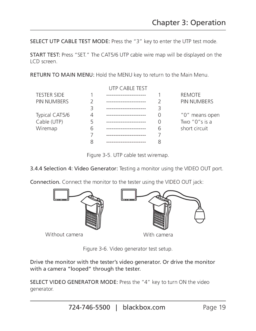 Black Box CCTV Tester, CCTVTEST manual UTP Cable Test Tester Side Remote PIN Numbers, Typical CAT5/6, Without camera 