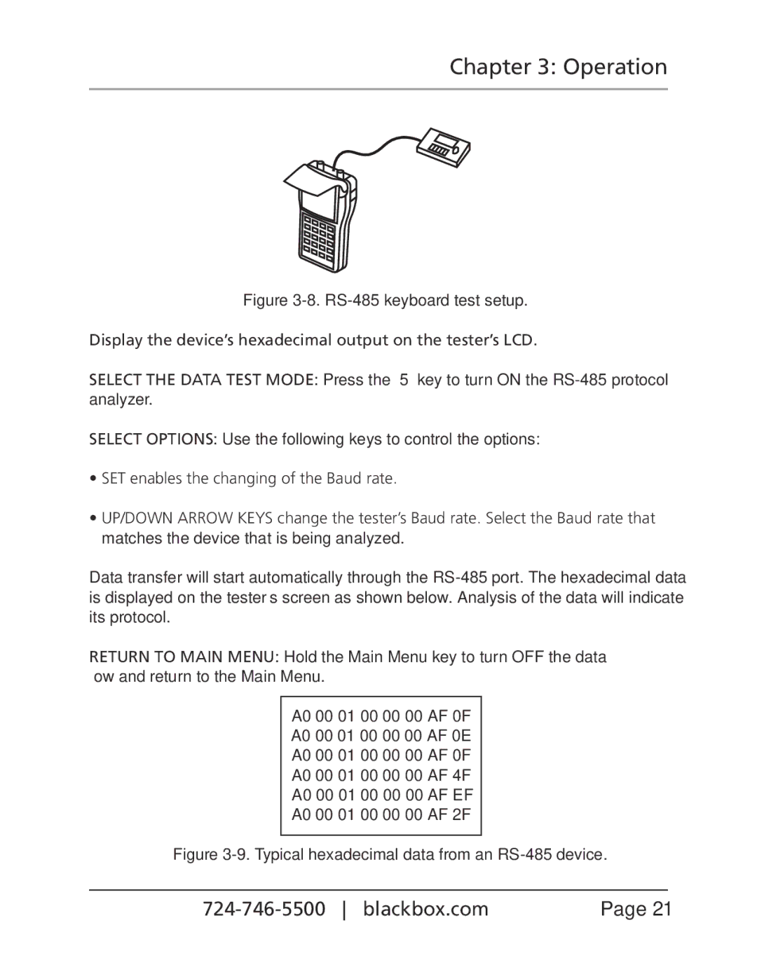 Black Box CCTV Tester, CCTVTEST manual Typical hexadecimal data from an RS-485 device 