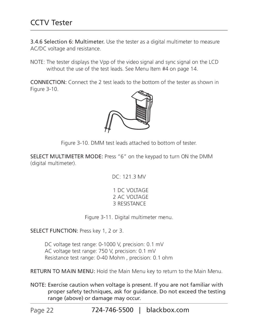 Black Box CCTVTEST, CCTV Tester manual DC Voltage AC Voltage Resistance 